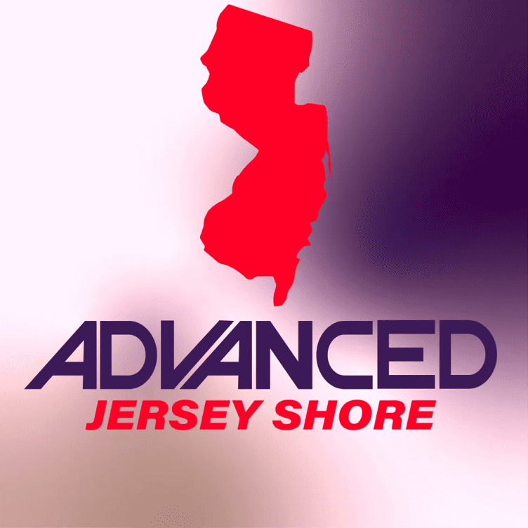 A red and white logo for advanced jersey shore.