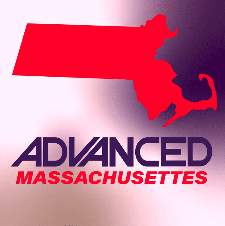 A red silhouette of massachusetts with the word advanced underneath it.