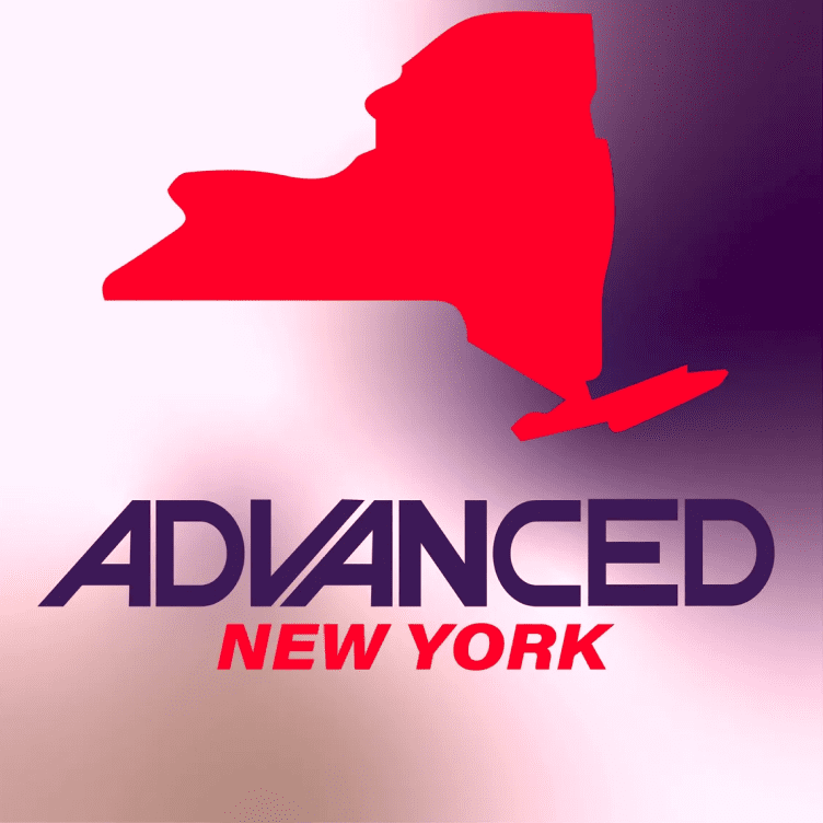 A red map of new york with the word advanced in front.