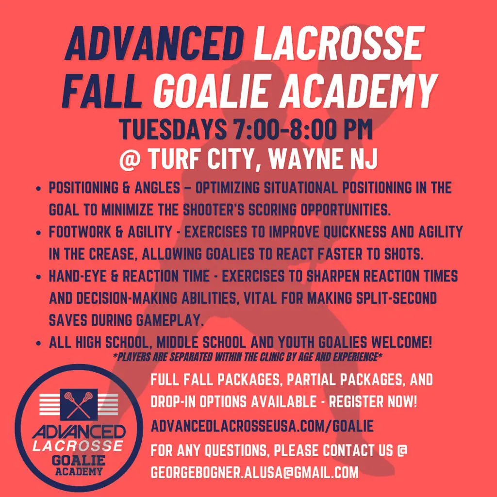 A red and blue ad for advanced lacrosse fall goalie academy.